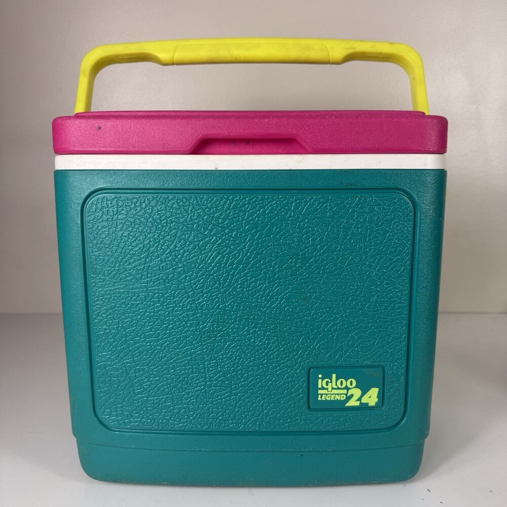 Vintage Igloo Legend 24 Cooler Teal Pink Yellow Handle 1989 90’s Colors Read